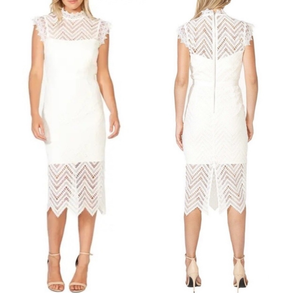 NWT Bardot Imogen Lace Chevron Sheath Dress Sleeveless High Neck in White 10L